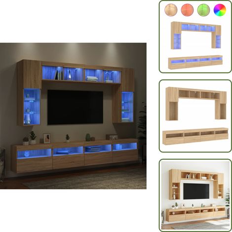 The Living Store Muebles de TV de pared con luces LED 8 piezas roble sonoma - Muebles de TV