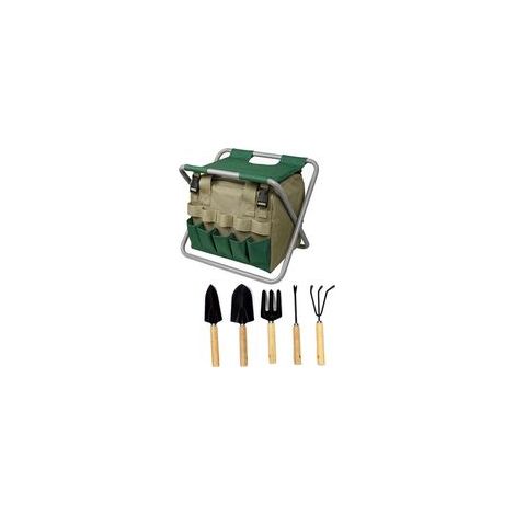 Tabouret de jardin pliable avec sac de rangement zippé + 5 outils de jardinage + télécommande en bois – Design ergonomique, compact et facile à transporter (1/4)
