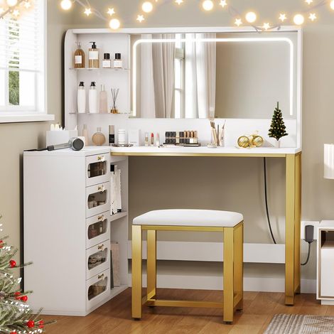 Coiffeuse blanche 80x120x135 cm avec Miroir LED 3 Couleurs, Coiffeuse d'Angle avec 5 Tiroirs et Étagères Réglables, Bureau de Maquillage avec Tabouret (1/5)