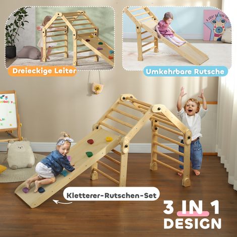 Structure d'escalade pliable 3-en-1 incluant échelle, toboggan et mur d'escalade, en bois naturel, pour enfants de 18 mois à 4 ans
