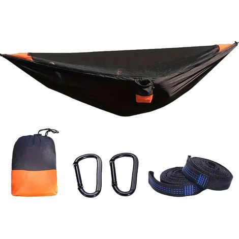 Hamac en maille anti-moustiques à ouverture rapide automatique, hamac moustiquaire noir et orange de camping, élastique, 280140cm (1/5)