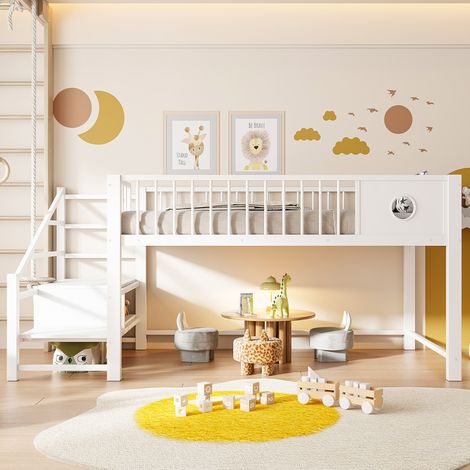 Lit mezzanine bas enfant ado 90 x 200 cm blanc cadre métal échelle rangement grand espace sous lit gain de place chambre (1/5)