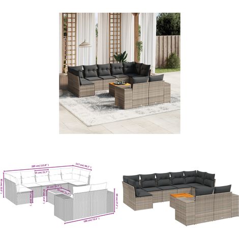 10-tlg. Garten-Sofagarnitur mit Kissen Grau Poly Rattan - Gartenmöbel Set - PE-Rattan Möbel - Outdoor Lounge - Esstisch - Gartenset - Home & Living (1/3)