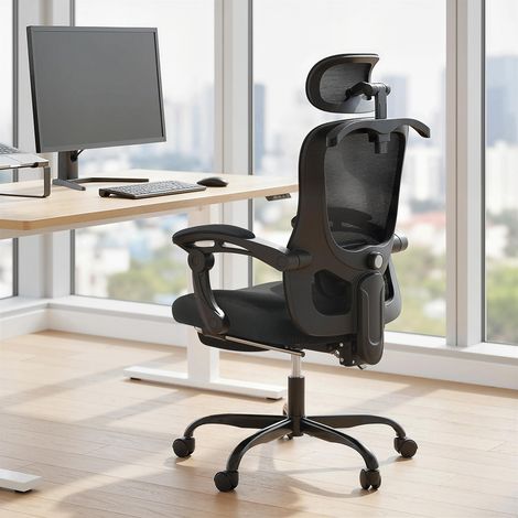 Chaise de bureau ergonomique, chaise de bureau en maille avec appui-tête réglable et soutien lombaire, 64 x 64 x 124 cm, noire (1/5)