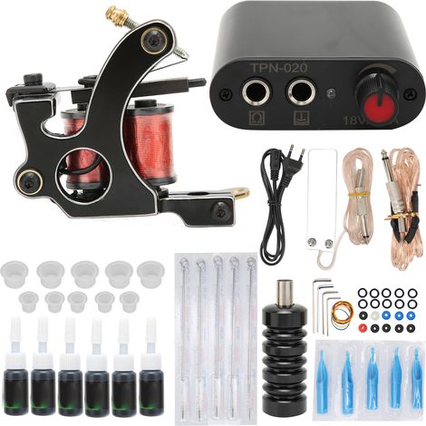 Machine à tatouer à bobine ondulée + mini kit d'alimentation noir pour débutants, kit d'outils de tatouage, normes européennes (1/5)