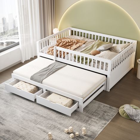 lit adulte double rangement gigogne 140x200 bois blanc OKMYHOME (1/5)