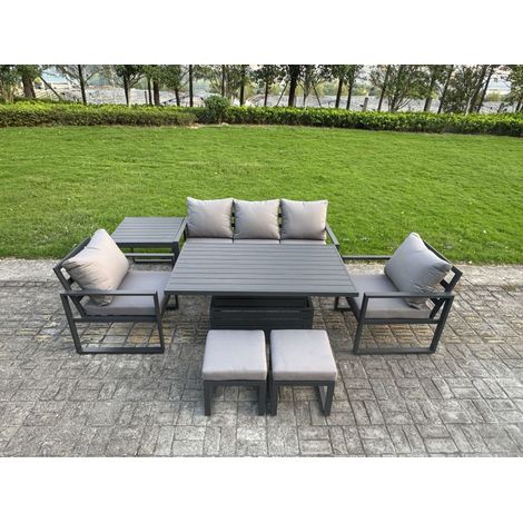 Fimous 7-Piece Aluminium Garden Furniture Sets 7 Seater Outdoor Sofa Set with Adjustable Rising Lifting Dining Table 2 Chairs 2 Small Footstools Side Table (1/5)
