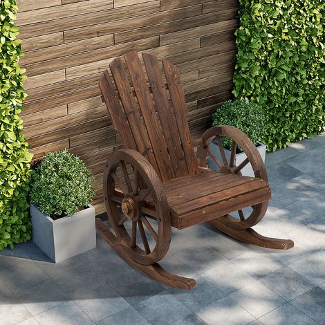 Chaise berçante style Adirondack, design rustique avec 2 roues, en bois de sapin rouge effet brûlé, 88x68x92 cm (1/5)