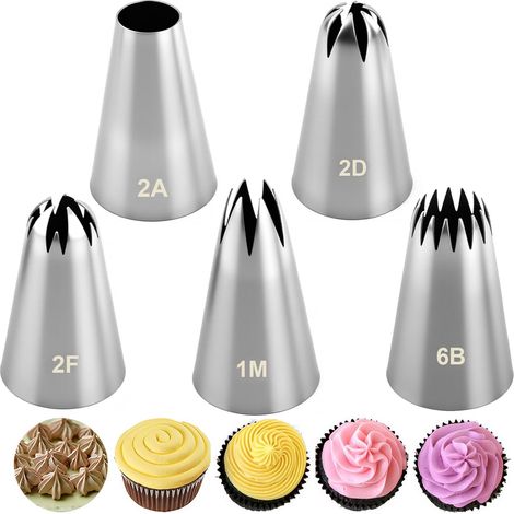 5 Piece Stainless Steel Pastry Piping Piping Nozzles DIY Professional Accessory Kit 1M 2A 2D 2F 6B for Piping Bag Cream Decorating Cupcakes Cakes Icing Biscuits Muffins (1/5)