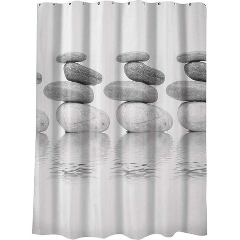 Rideau De Douche - 180x180 Cm - Imprimé Galet - Imperméable - 12 Anneaux - Microfibre Polyester