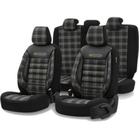 Luxuriöses Sitzbezug-Set OTOM, Textil mit Kunstleder, GTI SPORTS Design – Schwarz mit grüner Naht, für vordere und hintere Sitze