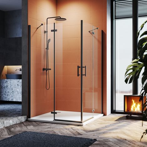 SIRHONA Cabine de douche d'angle Porte pliante Cabine de douche Verre trempé 6MM, Charnières en alliage, Renfort en acier inoxydable (1200x1200mm) (1/5)