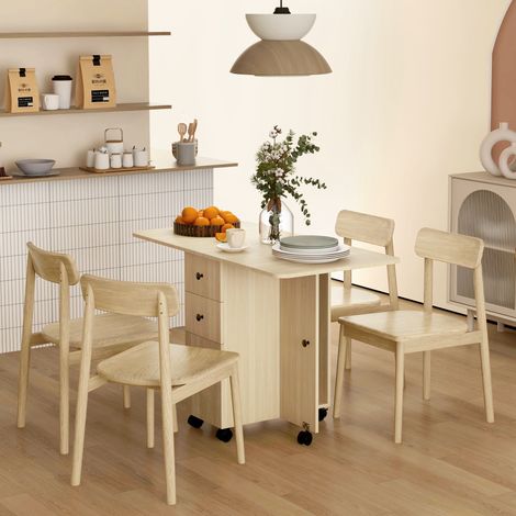 Klapptisch mit 2 Schubladen und Schrank, 6 Rollen und Bremsen, 120 x 60 x 76,5 cm, Holzfarbe