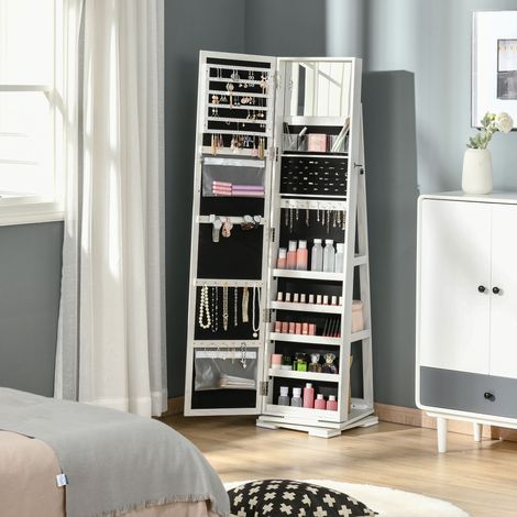 Armoire à bijoux pivotante blanche à 360° avec miroir pleine longueur et verrouillable - Armoire à bijoux rotative pour colliers et boucles d'oreilles (1/5)