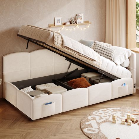 Lit simple 90/200 cm beige en velours avec rangement hydraulique et ports de charge (1/5)
