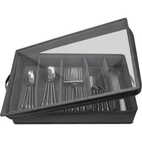 Boîte De Rangement Pour Couverts - Avec Séparateurs Réglables Et Couvercle Transparent - 40 X 26 X 8 Cm - Polyester Gris - 1 Pièce (1/5)