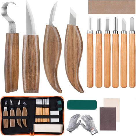 Outil de Ciseaux à Bois Kit, 15 Pièces DIY Outils de Sculpture avec Gants Résistants aux Coupures, Couteau de Sculpture pour Sculpteur, Charpentier, Amateur, Adultes,de (1/4)
