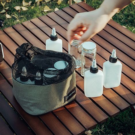 Boîte À Épices Portable - 9 Récipients Condiments 100 ml et 120 ml - Sac De Rangement En Toile Avec Filet Nylon - Pour Camping Pique-Nique Barbecue - Lot De 1 (1/5)