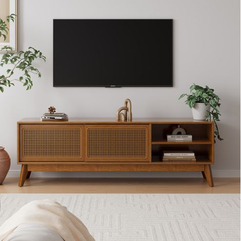 Mueble de TV vintage de ratán, 150 cm, apto para televisores de hasta 165 cm, con almacenamiento abierto y cerrado, patas de madera, acabado en nogal. (1/5)