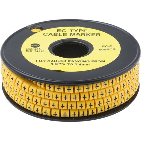 Repère câble , Ø câble 3.6 7.4mm, texte : +, Noir sur Jaune ( Prix pour Bobine de 500 )