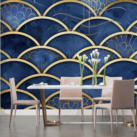 Papier Peint Japonais - Motifs Éventails Bleu Profond - 150 x 250 cm (1/2)