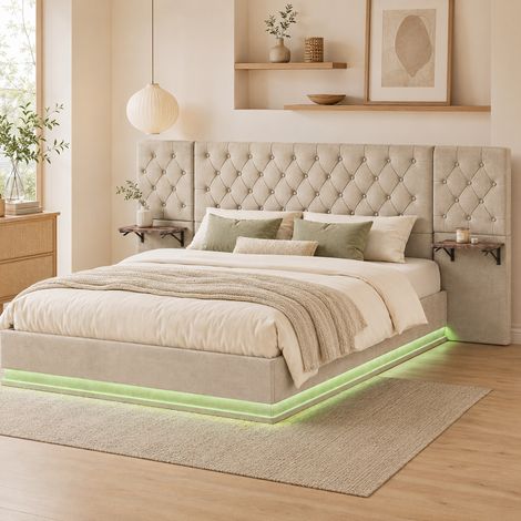 Lit coffre adulte 160x200 cm beige avec sommier à lattes, avec grande tête de lit capitonnée, rangement hydraulique