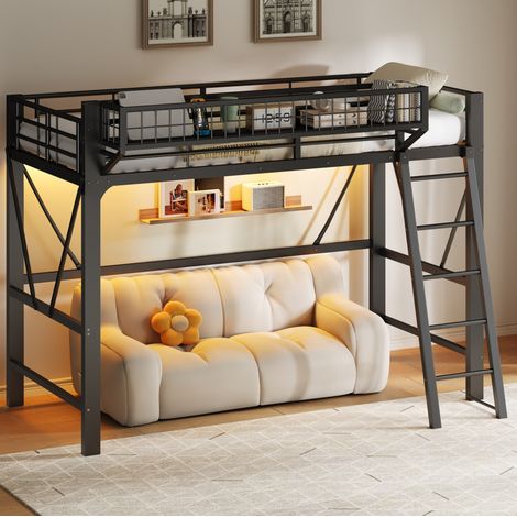 Cama alta 90x200 cm negra de metal con iluminación LED y cesta de almacenaje (1/5)