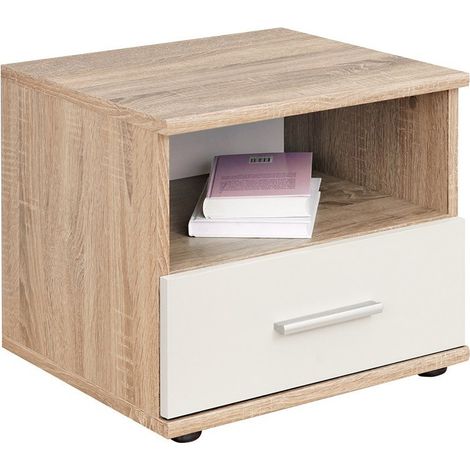 Tavolino da notte con cassetto e vano, collezione DENVER. Color quercia chiara e bianco. (1/2)