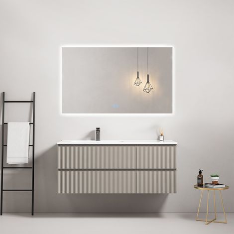 Mobile bagno sospeso cannettato 120 cm Grigio Cenere Lavabo a Sinistra in Ceramica Specchio Quadro Retroilluminato - Fiji Paint (1/4)