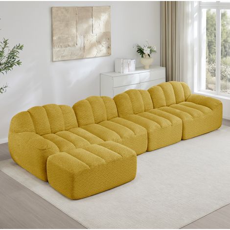 Sofá modular de 4 plazas con 1 otomana, espuma 32D, tejido amarillo, 366x165x79 cm (1/5)