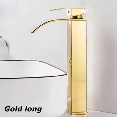 Lavabo cascade (doré long) en acier inoxydable avec robinet mitigeur réglable et douchette noire pour WC et salle de bain (1/5)