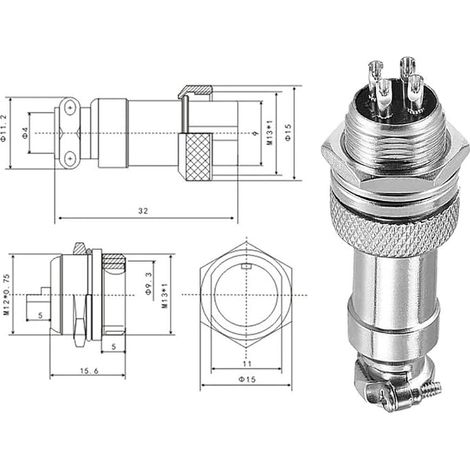 Pin GX12 Aviation Connector, 12mm Threaded Panel Metal Aviation Cable Connector, Male Female Aviation Connector Plug Socket Kit, with Rubber Cap (1/3)