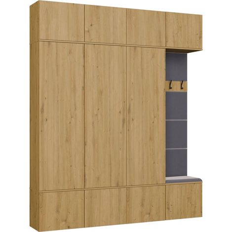 Set modulare da ingresso, tre armadi con pannello appendiabiti e uno con panca, Rovere Artisan, 200 x 35 x 238 cm (1/5)