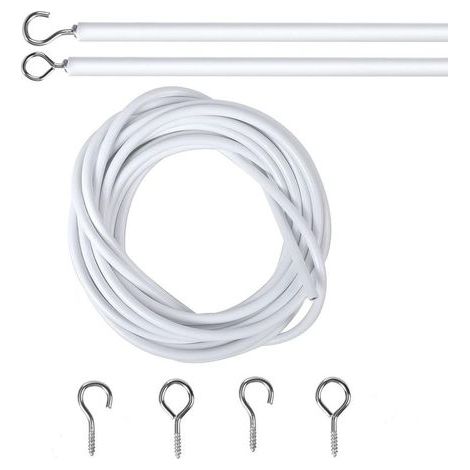 2M Cable pour Rideaux, Blanc Fil de Rideau avec 2 Pièces Piton à Visser Boulons à Oeil et 2 Pièces Crochets à Visser, Câble de Rideau Enduite de Plastique, Cable Rideau Tringle Rideau Souple (1/5)
