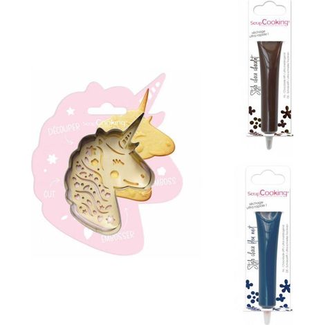 Kit pour biscuit en relief Licorne + 2 Stylos au chocolat marron et bleu nuit