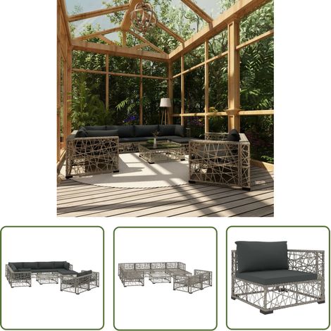The Living Store Salon de jardin 10 pcs avec coussins Résine tressée Gris - Salon De Jardin - Meubles De Jardin - Salon Extérieur - Set De Salon - Canapé Rotin (1/5)