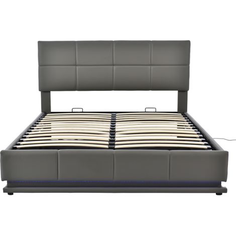 CAIziLit rembourré 160 x 200 cm avec LED, sommier à lattes en métal et coffre de lit, lit double avec tête de lit rembourrée réglable en hauteur et rangement hydraulique, gris (sans matelas) (1/5)