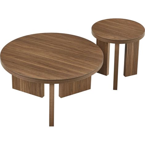 CHICFURN Mesa baja redonda 2 piezas de MDF marrón nogal, con ranuras, ahorra espacio para salón (1/5)