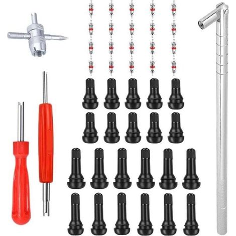 Outils de dépose et de pose des soupapes : 10 soupapes courtes en caoutchouc TR412, 6 soupapes courtes en caoutchouc TR413, 6 soupapes courtes en caoutchouc TR414, outils de dépose des obus de soupape (1/4)