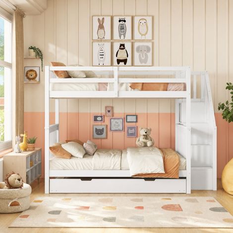 Letto a castello 140x200 cm in pino e MDF bianco con letto estraibile, senza materasso – MEUBLIV (1/5)