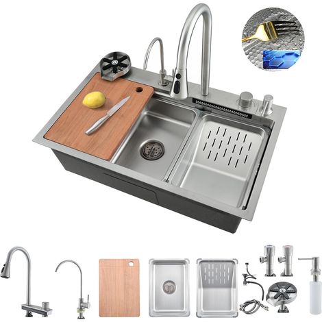 Évier de Cuisine, Cascade Multifonction, Evier de Cuisine à Comptoir Lavabo Acier Inoxydable avec Lave Verre (1/5)