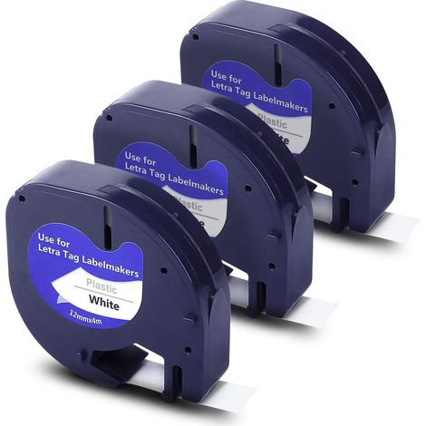 Cinta de etiquetas de repuesto compatible con los recambios DYMO LetraTag 91330. Impresión en negro sobre papel blanco. Cinta autoadhesiva de 12 mm x 4 m (1/2" x 13"), paquete de 3 unidades. (1/5)