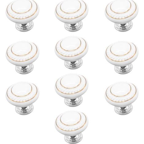 10 x Poignées et Boutons de Tiroir, Poignée de Porte Céramique, Boutons de Meubles (Double Cercle d'Or - Blanc) (1/5)