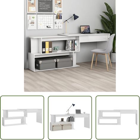 The Living Store Bureau d'angle Blanc brillant 200x50x76 cm Bois d’ingénierie - Bureau D'angle - Bureau Blanc - Bureau Moderne - Bureau Compact - Meuble De Bureau (1/5)