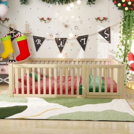 Lit pour enfants 140 x 200,cadre de lit au sol en bois avec clôture et porte,couleur bois