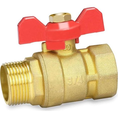 1 Vanne à sphère 3/4", Laiton, Filetage extérieur, Poignée papillon rouge, Pour plomberie (1/5)