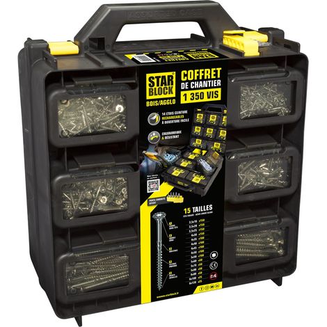 Coffret vis Bois/Agglo, 1 350 pièces, Tête fraisée, 15 dimensions, Empreinte Torx, Pointe entaillée, Acier zingué (1/5)
