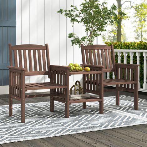 Banc Extérieur en Bois de Sapin avec Table Latérale à 2 Niveaux et Trou pour Parasol de 5 Cm Banc de Jardin 2 Places avec Accoudoirs Café (1/3)