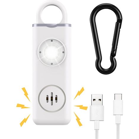 Alarme d'autodéfense personnelle - Alarme d'autodéfense pour femmes - Porte-clés alarme rechargeable - Alarme d'urgence - avec flash LED - 130 dB - Blanche (1/5)