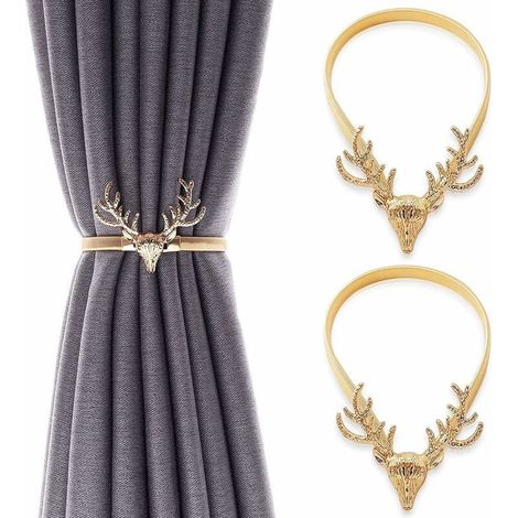 Set mit 2 Metall-Raffhaltern, hirschförmigen Haken, Gardinenschlaufen, Gardinenclips, dekorativen Fensteraccessoires (1/4)